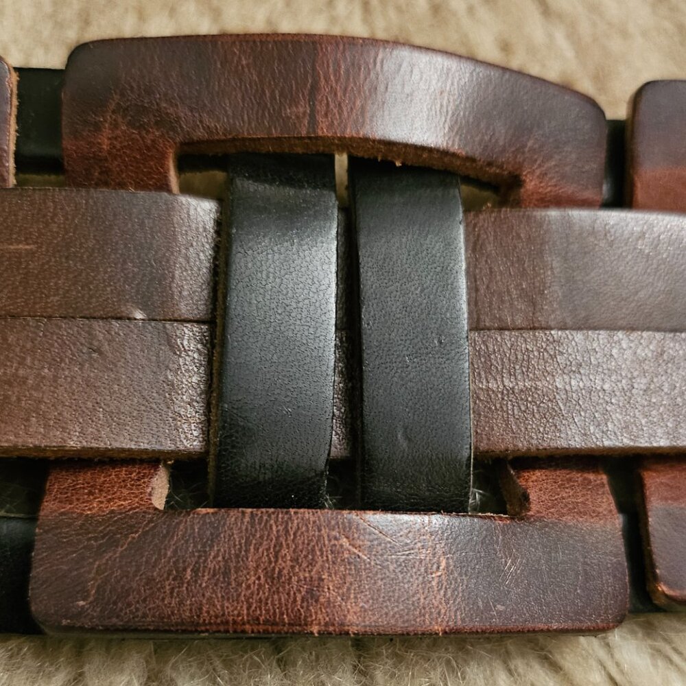 $495 D Squared woven leather double prong brown belt - Picture 11 of 13
